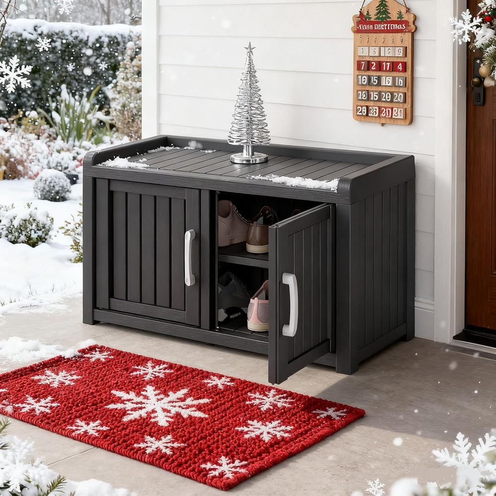 2-Tier Storage Bench, Waterproof UV-Resistant Outdoor Shoe Storage Cabinet wi...