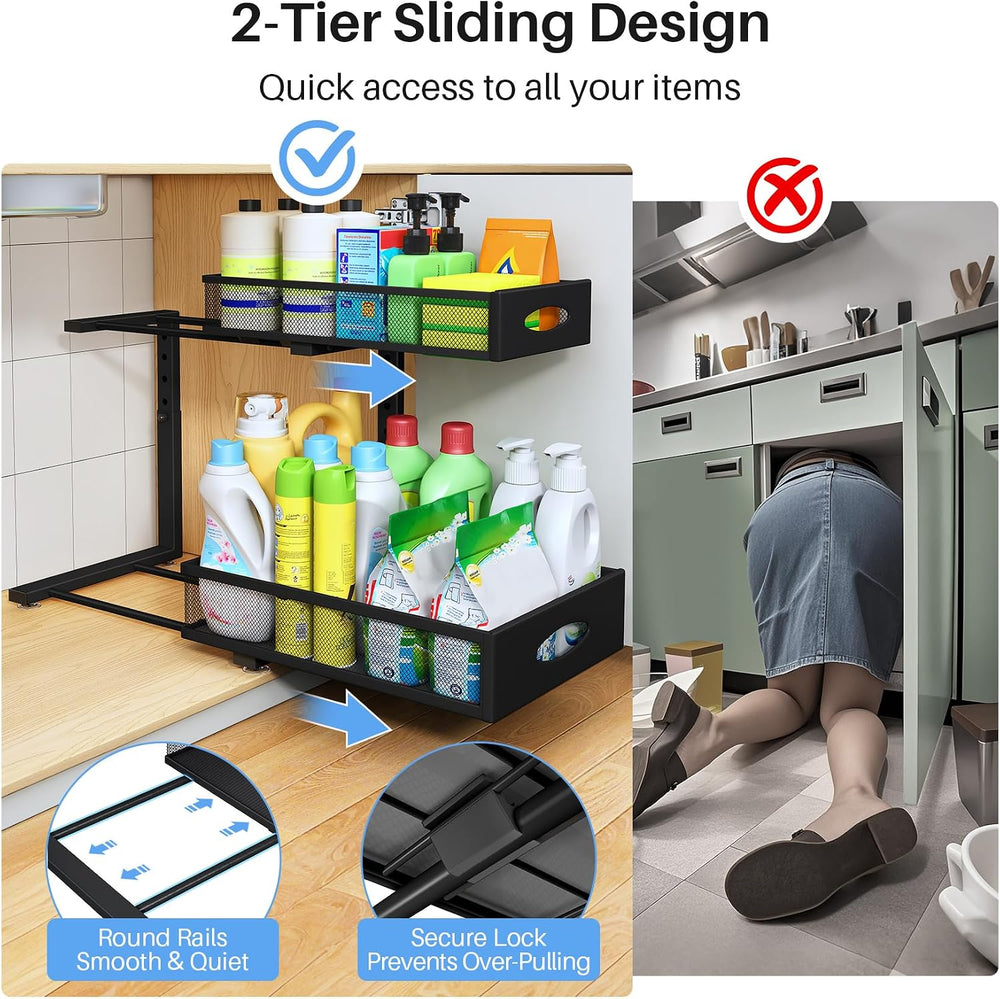 Under Sink Organizer, 2 Pack 2 Tier Pull Out Under Cabinet Organizer Shelf wi...