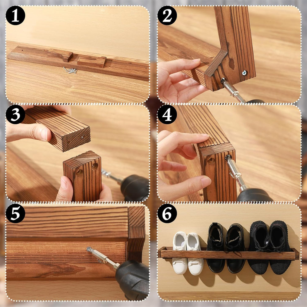 Wenqik 2 Pcs Wall Mounted Wooden Shoe Rack Wood Wall Hanging, Burnt Wood