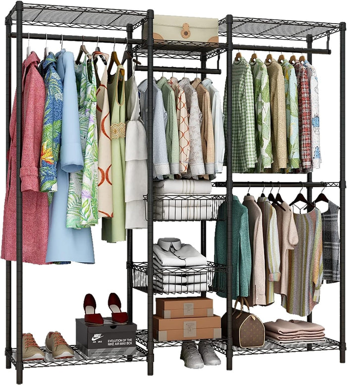 Xiofio 6 Tiers Heavy Duty Clothes Rack with Hanging Rods,Metal Garment Rack,Adjustable Shelves & 2 Slid Storage Baskets,65.0" L x 15.7" W x 76.0" H,Max Load 800LBS,Black