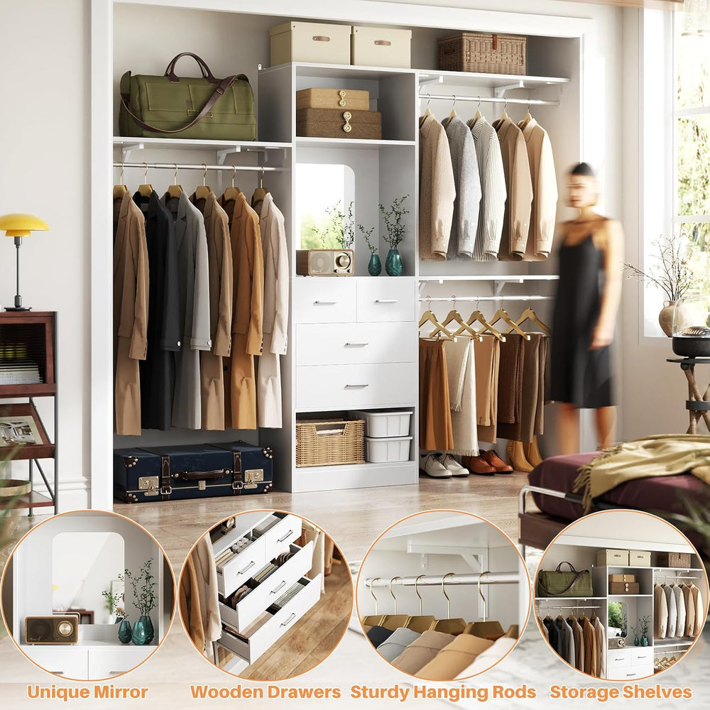 Unikito 8FT Closet System with 4 Drawers, 96" Wood Closet Organizer with...