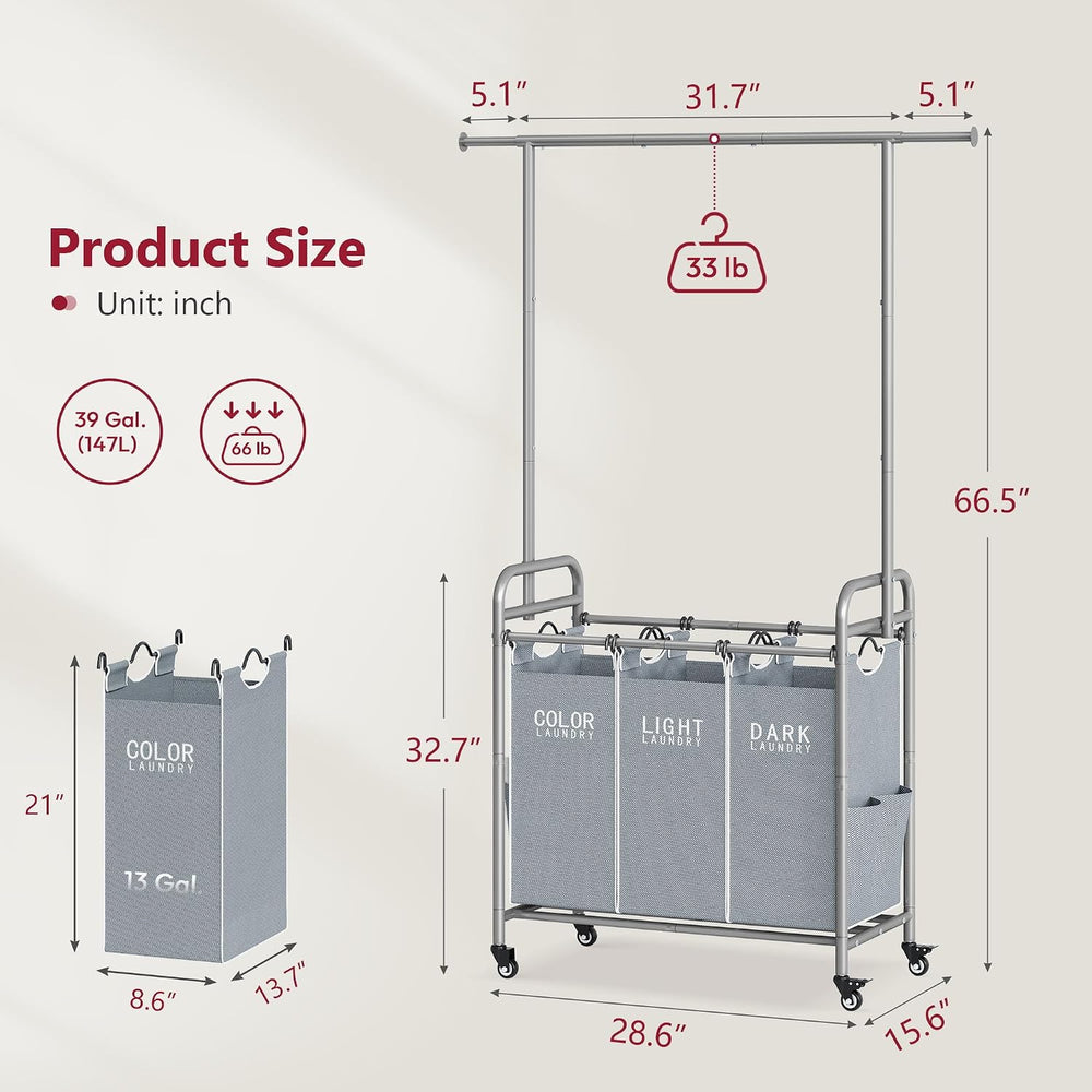 Tajsoon Laundry Sorter 3 Section, Laundry Cart with Hanging Rack, Gray