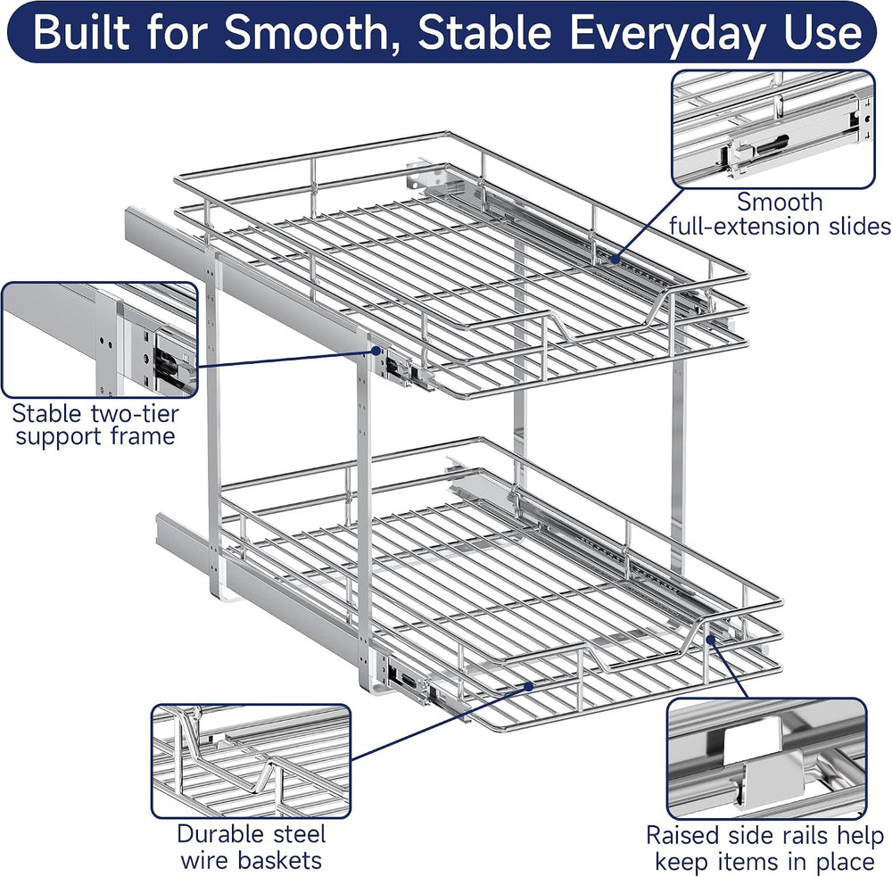 2-Tier Pull Out Cabinet Organizer, 19.5" W x 21.5" D, Heavy Duty Du...