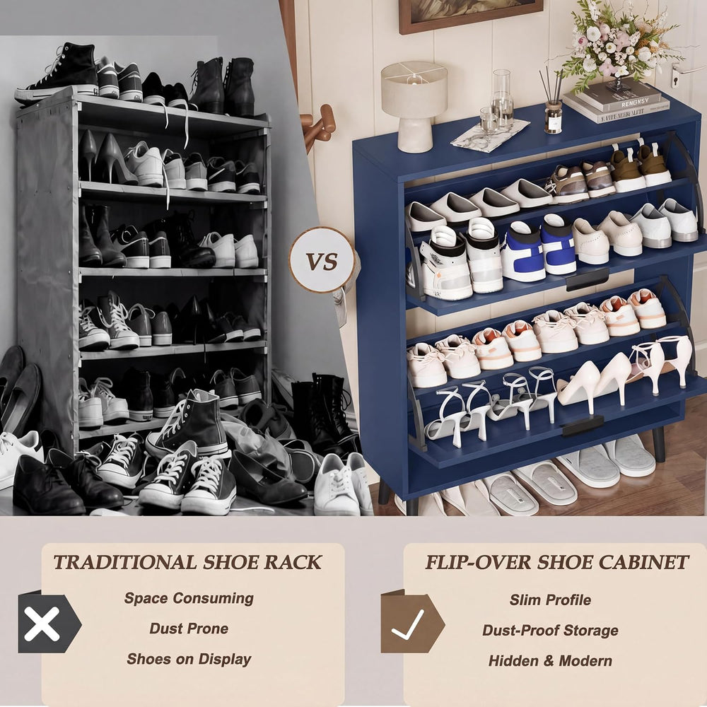 Shoe Storage Cabinet with 2 Flip Drawers, Narrow Wood Shoe Organizer Cabinet ...
