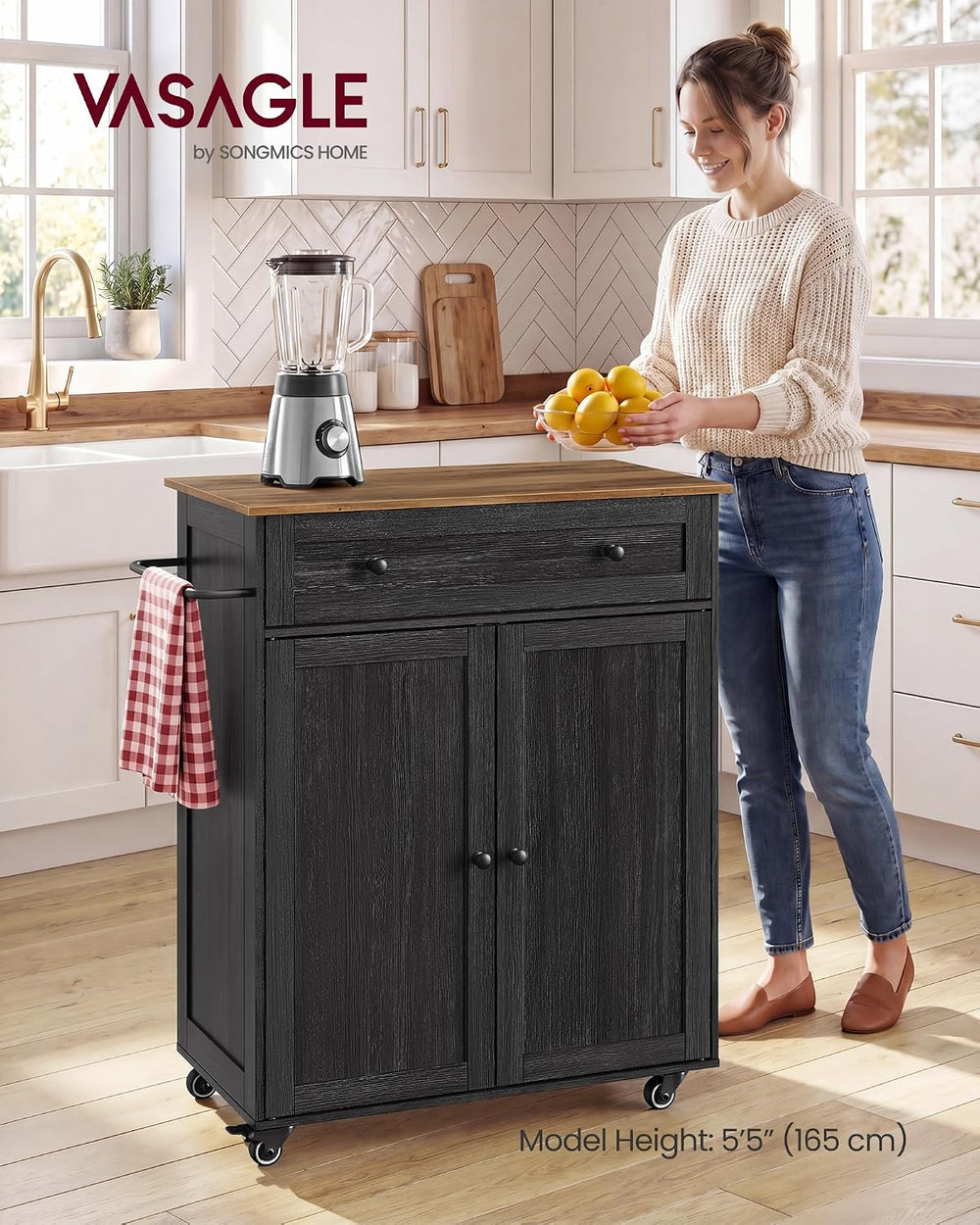 VASAGLE Mobile Kitchen Wooden Island Cart with Storage for Dining Room
