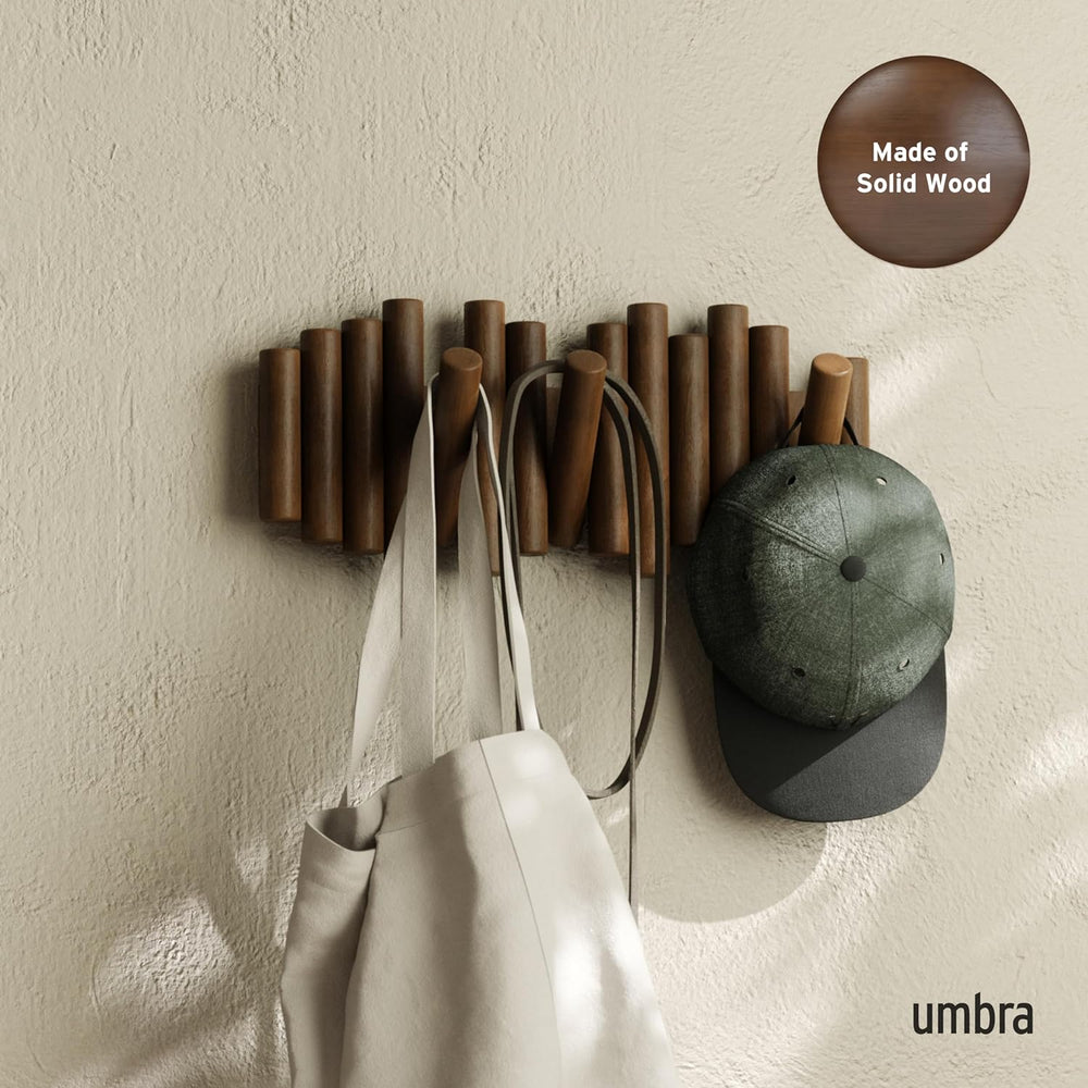 Umbra Picket Coat Rack, Wall Mount 5 Flip-Down Coat Hooks, Walnut