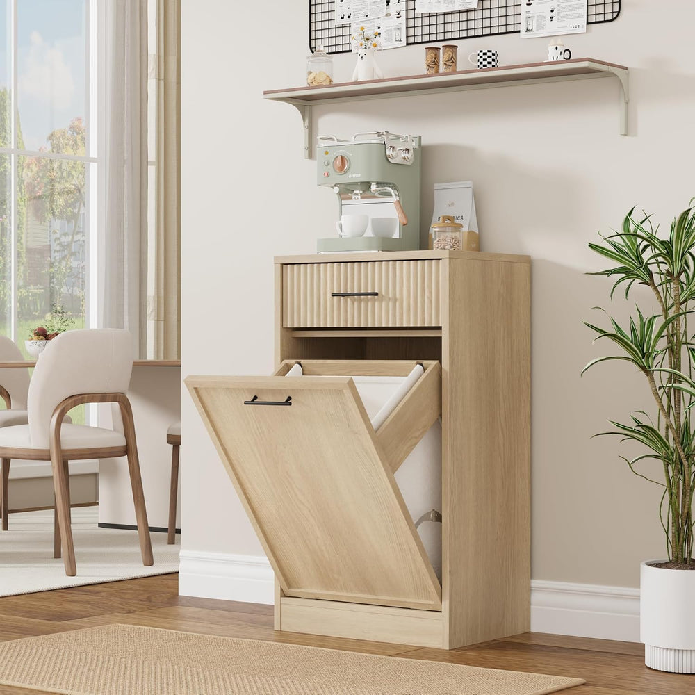 Garvee 10 Gal Single Tilt Out Laundry Hamper Cabinet with Drawer, Natural