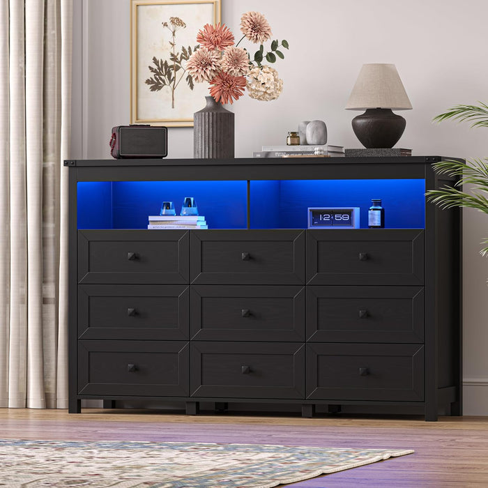 Xixini Dresser for Bedroom with 9 Drawers, LED Lights, Power Outlet, Black