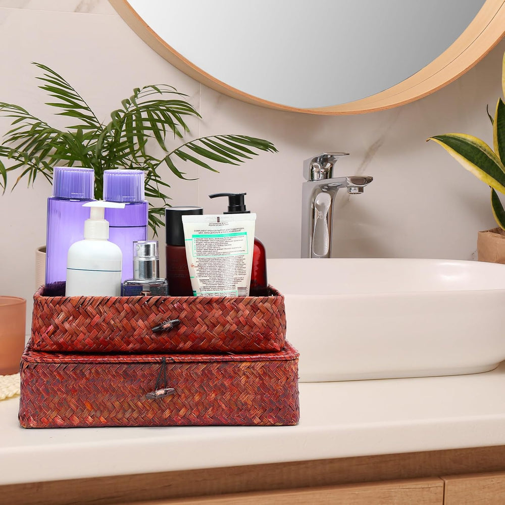 Didaey Set of 4 Seagrass Basket with Lid Wicker Storage Basket Decorative Sto...