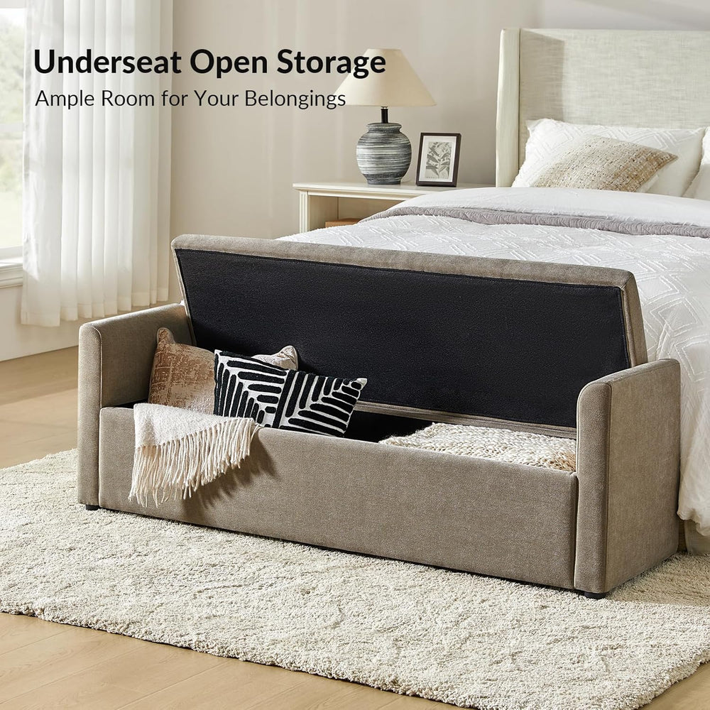 HULALA HOME 59" Storage Bench with 2 Throw Pillows & Armrests, Brown