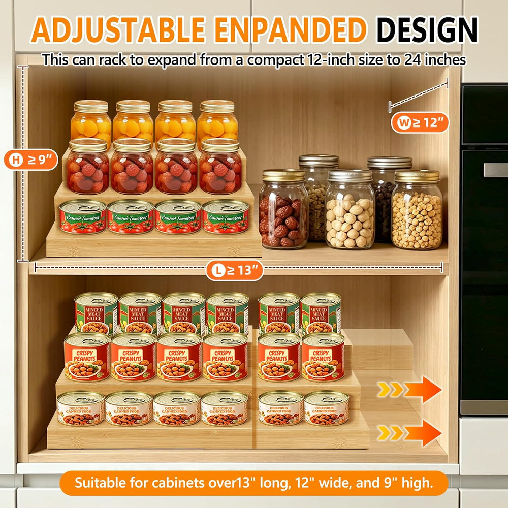2 Pack 3-Tier Bamboo Expandable Can Rack Organizer for Pantry
