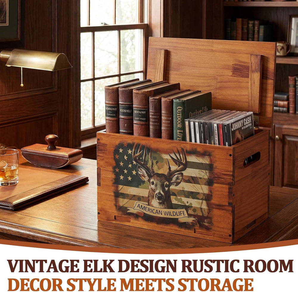 Novabright Solid Pine Wooden Storage Box with Lid, Rustic Elk Decorative Crat...