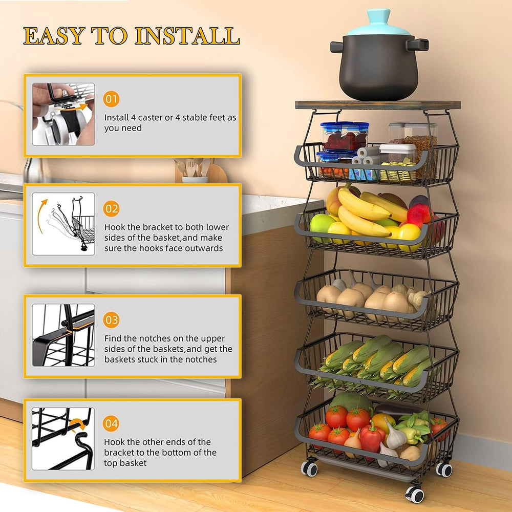 BEEY Metal Storage Baskets with Wheels, Metal Wire Market Basket Storage Orga...