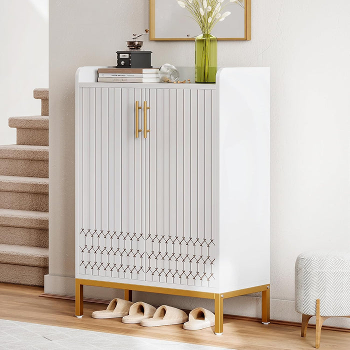 5-Tier Shoe Cabinet with Carved Lines Doors, Large Wooden Shoe Storage Cabinet with Adjustable Shelves, Modern Freestanding Shoe Organizer Cabinet for Entryway, Hallway