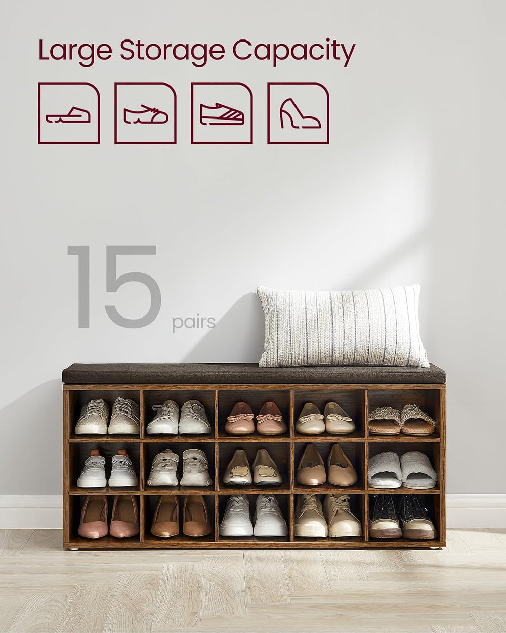 VASAGLE Shoe Bench with Cushion, 15 Compartments, 11.8 x 41.3 x 18.9 Inches