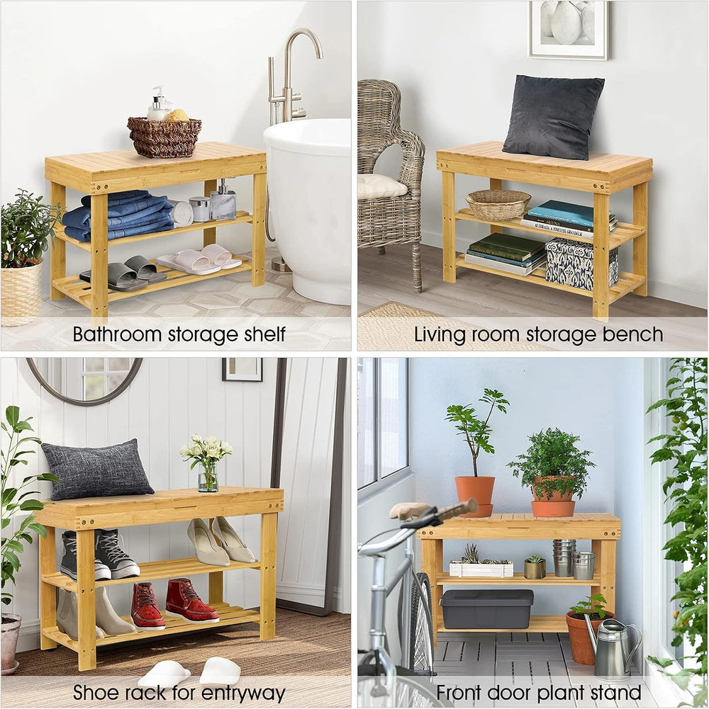 3-Tier Bamboo Shoe Rack Bench, Entryway Bench with Storage Drawer, Natural