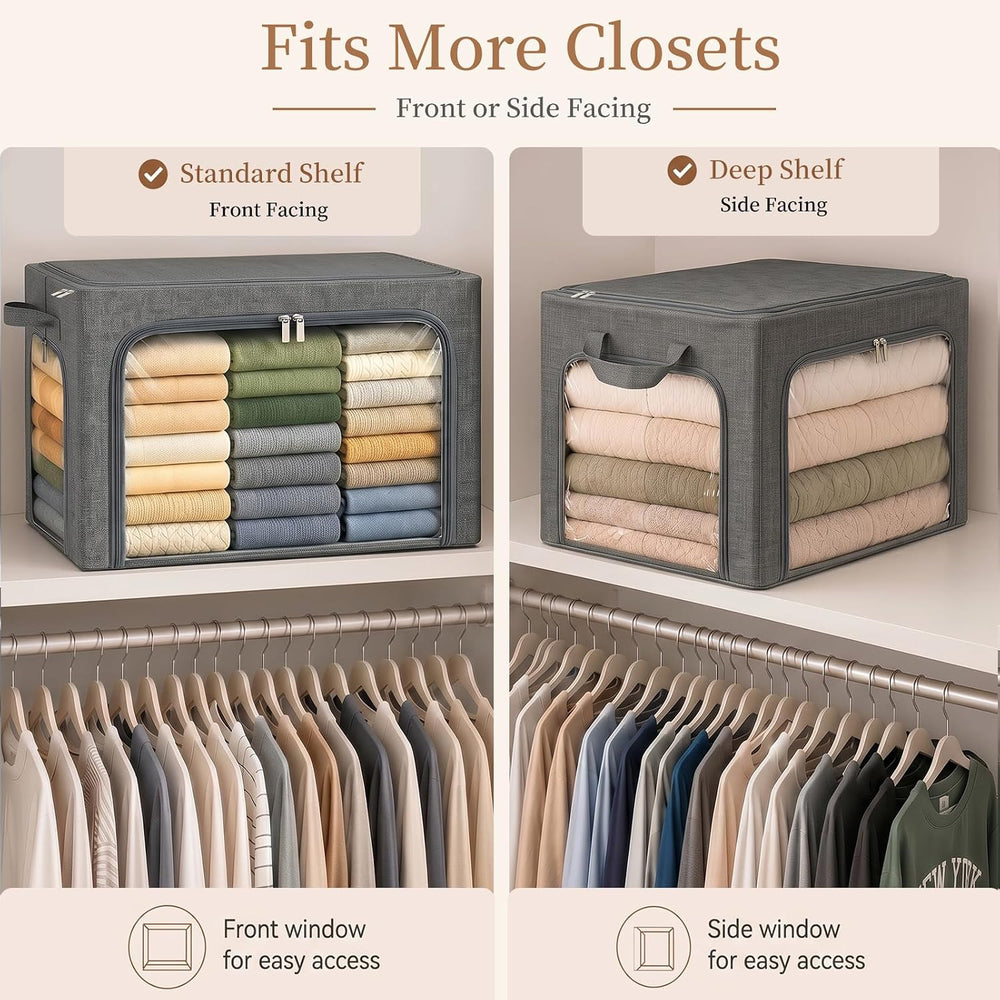 GoMaihe Clothes Storage Bins with Metal Frame for Blanket 3 Pack 66L Grey