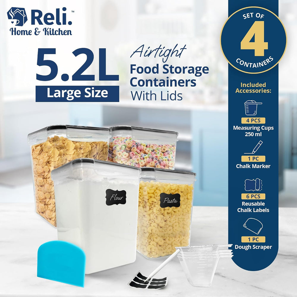 Reli. 5.2L Airtight Food Storage Containers with Lids (4 Sets) | Kitchen Orga...