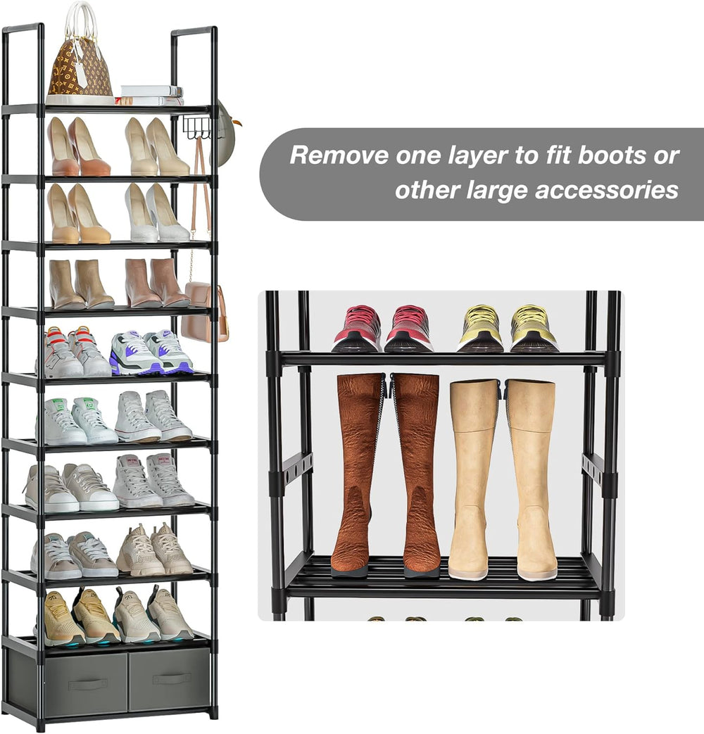 OYREL Tall Shoe Rack Narrow 10 Tier Shoes Rack 20 25 Pairs + 2 Boxes 1 Hook