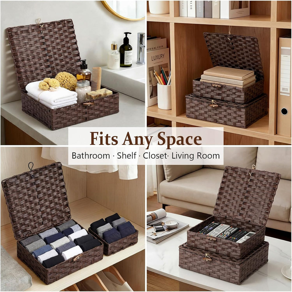 Newtay Set of 4 Woven Wicker Storage Baskets with Lids, Decorative Storage Bo...