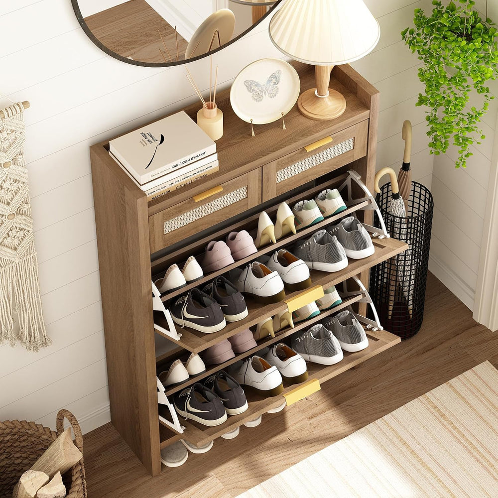 Shoe Organizer Cabinet Storage for Entryway - Slim Rattan Shoe Rack for Front...