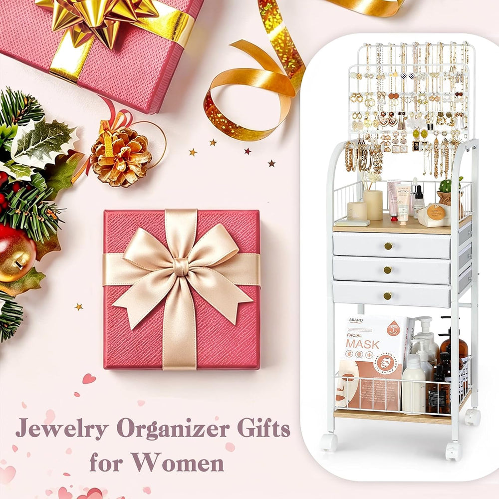 Keebofly Large Floor Jewelry Organizer Stand with 3 Drawers - White