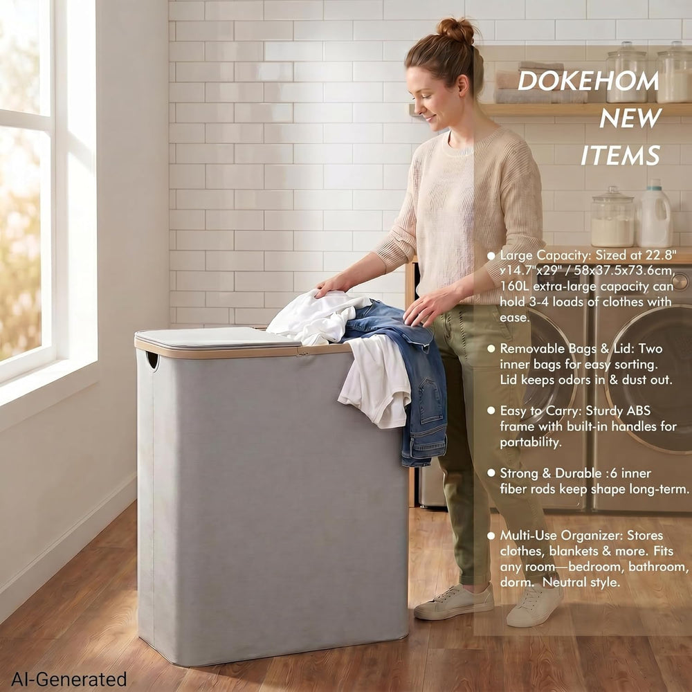 DOKEHOM 160L Double Laundry Basket Hamper with Lid & Removable Bags, Grey