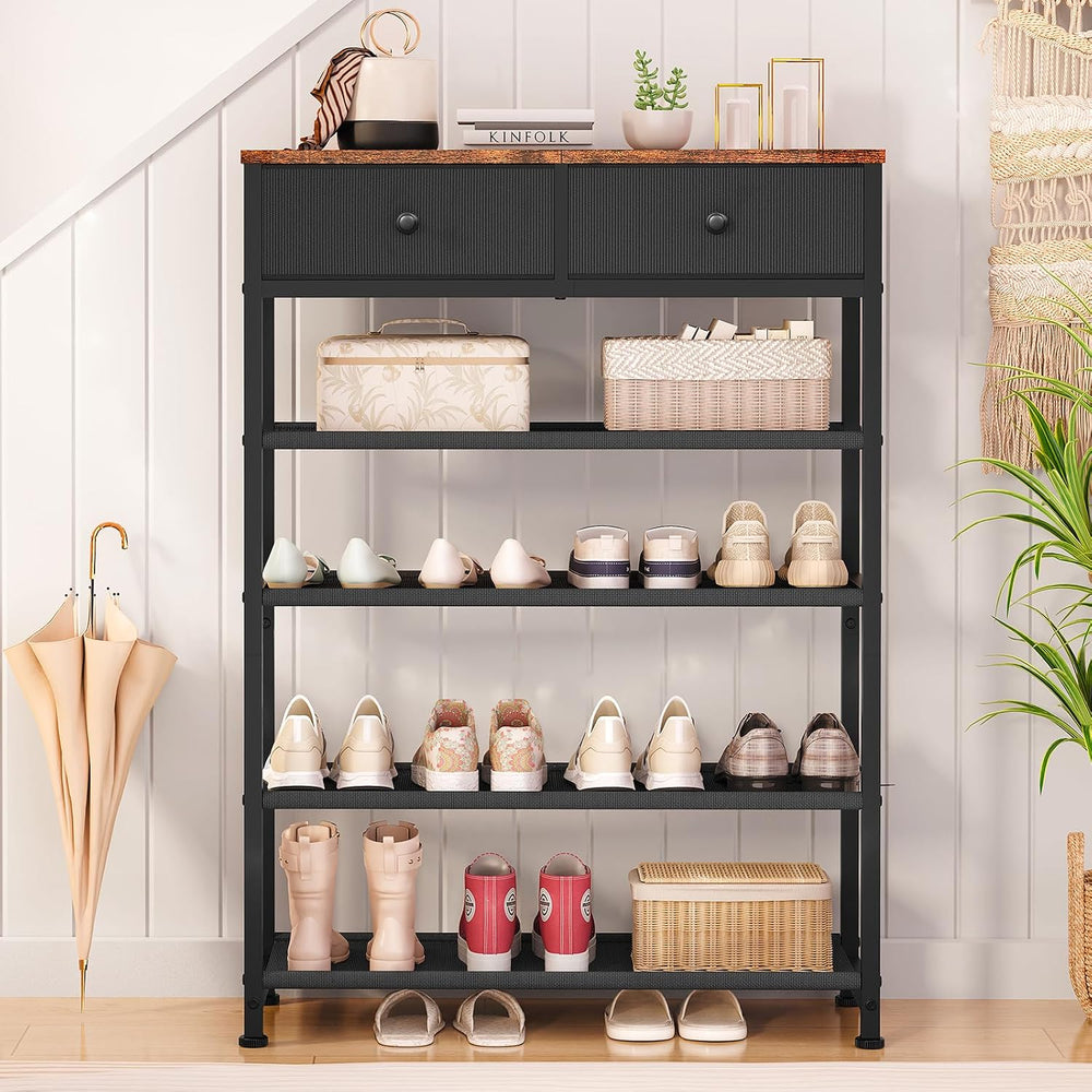 usikey Shoe Rack, 5 Tier Shoe Storage Organizer with 2 Drawers, Metal Shoe Sh...