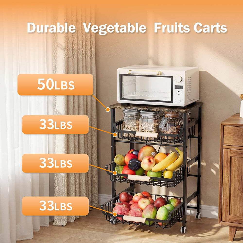 JAQ Fruit Vegetables Carts, 4-Tier Slide Out Metal Storage Baskets Stand Orga...