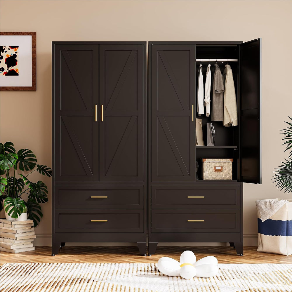 COFaR Black Metal Wardrobe Closet with 2 Drawers, 71" Steel Armoire Cabi...