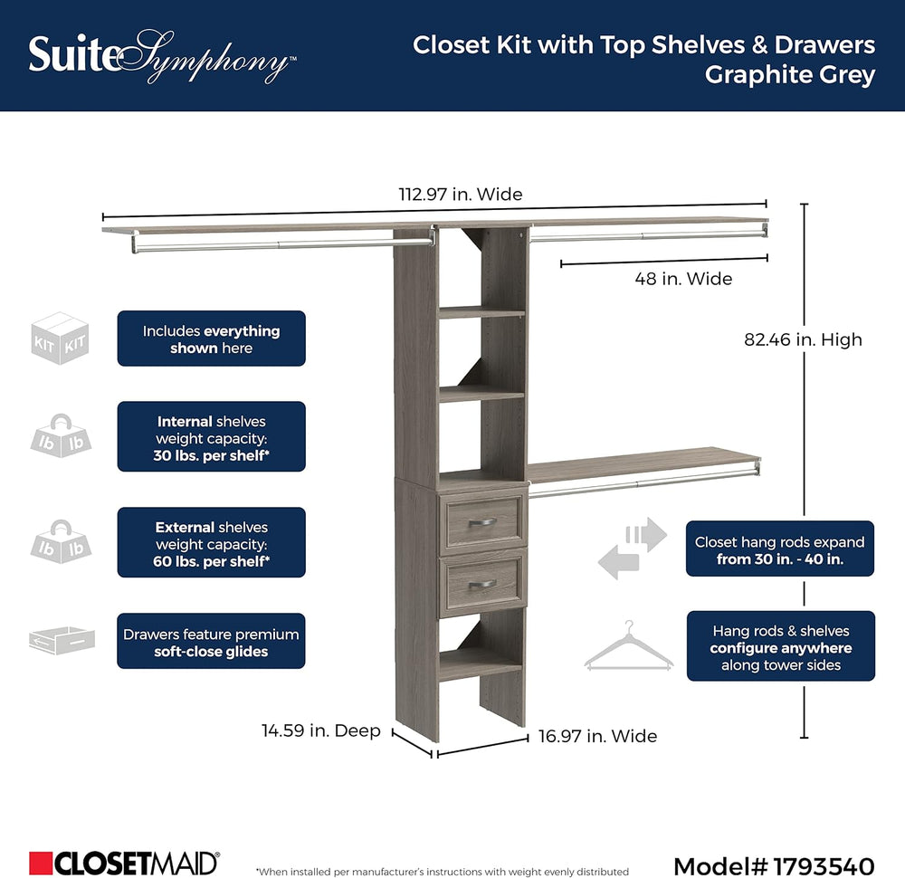 ClosetMaid SuiteSymphony Wood Closet Organizer Kit with Tower, 3 Hang Rods, T...