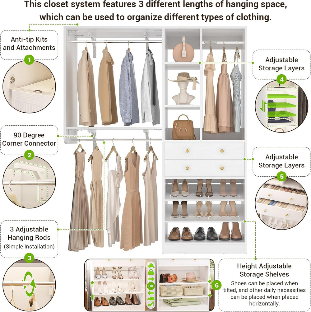 Besiost Closet System - 60"/92" Closet System with Drawers, 5FT/7.6...