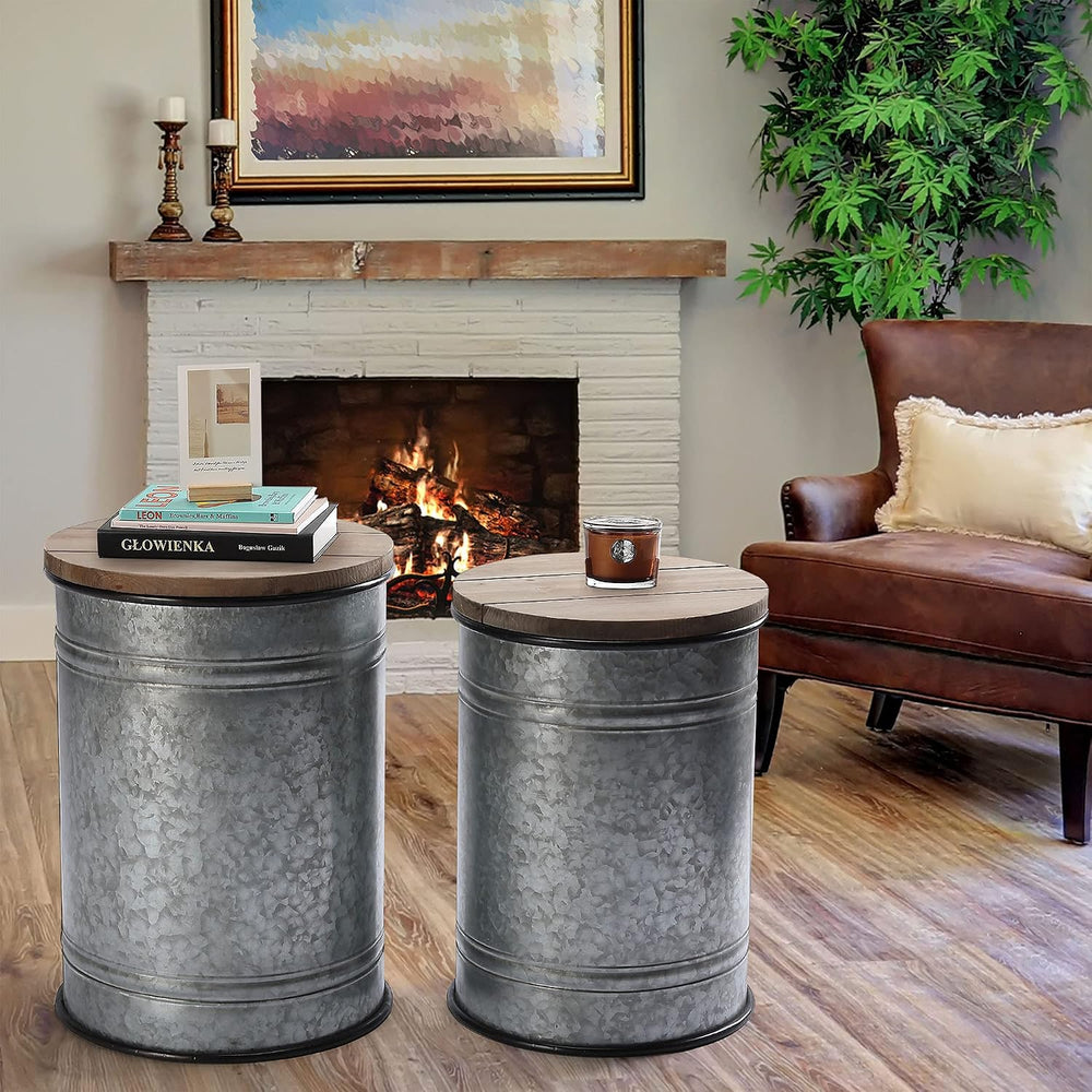 Rustic Storage Ottoman Seat Stool, Farmhouse Accent Side Table, Antique Galva...