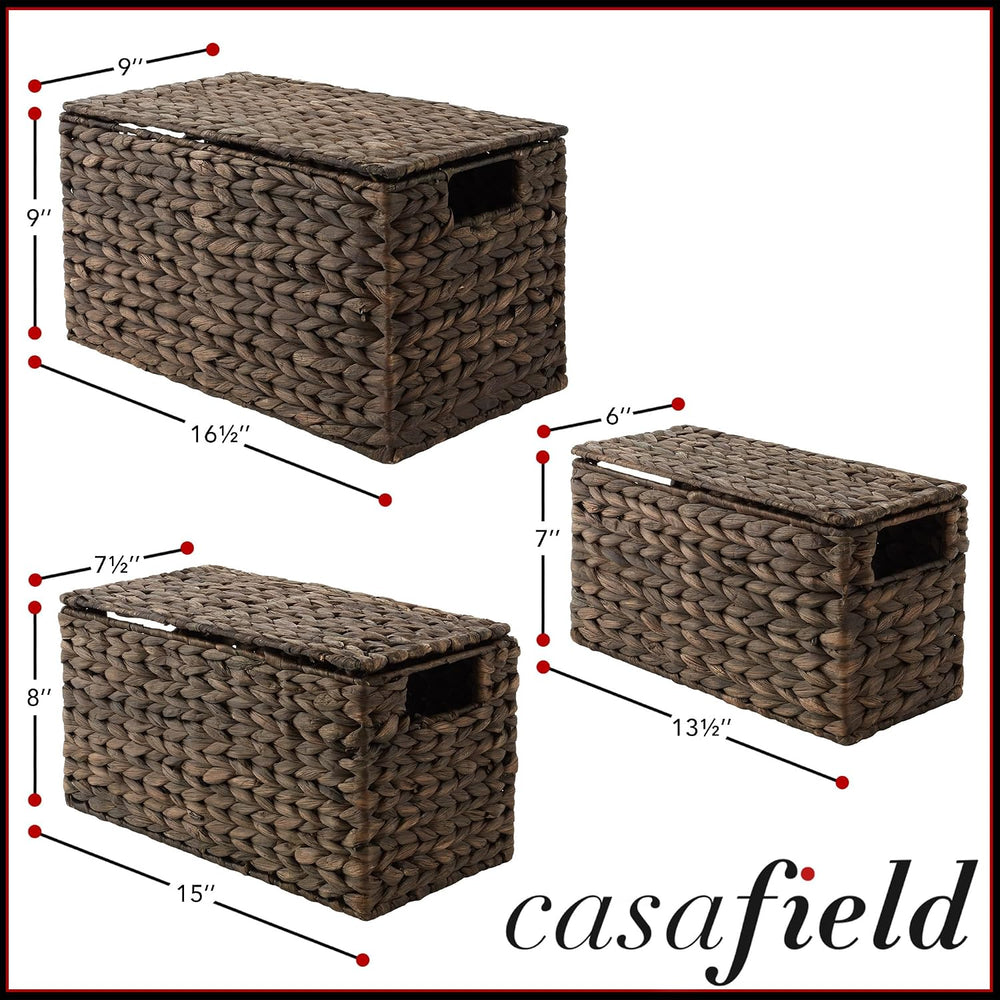 Casafield Set of 3 Water Hyacinth Storage Baskets with Lids, Espresso - Small...