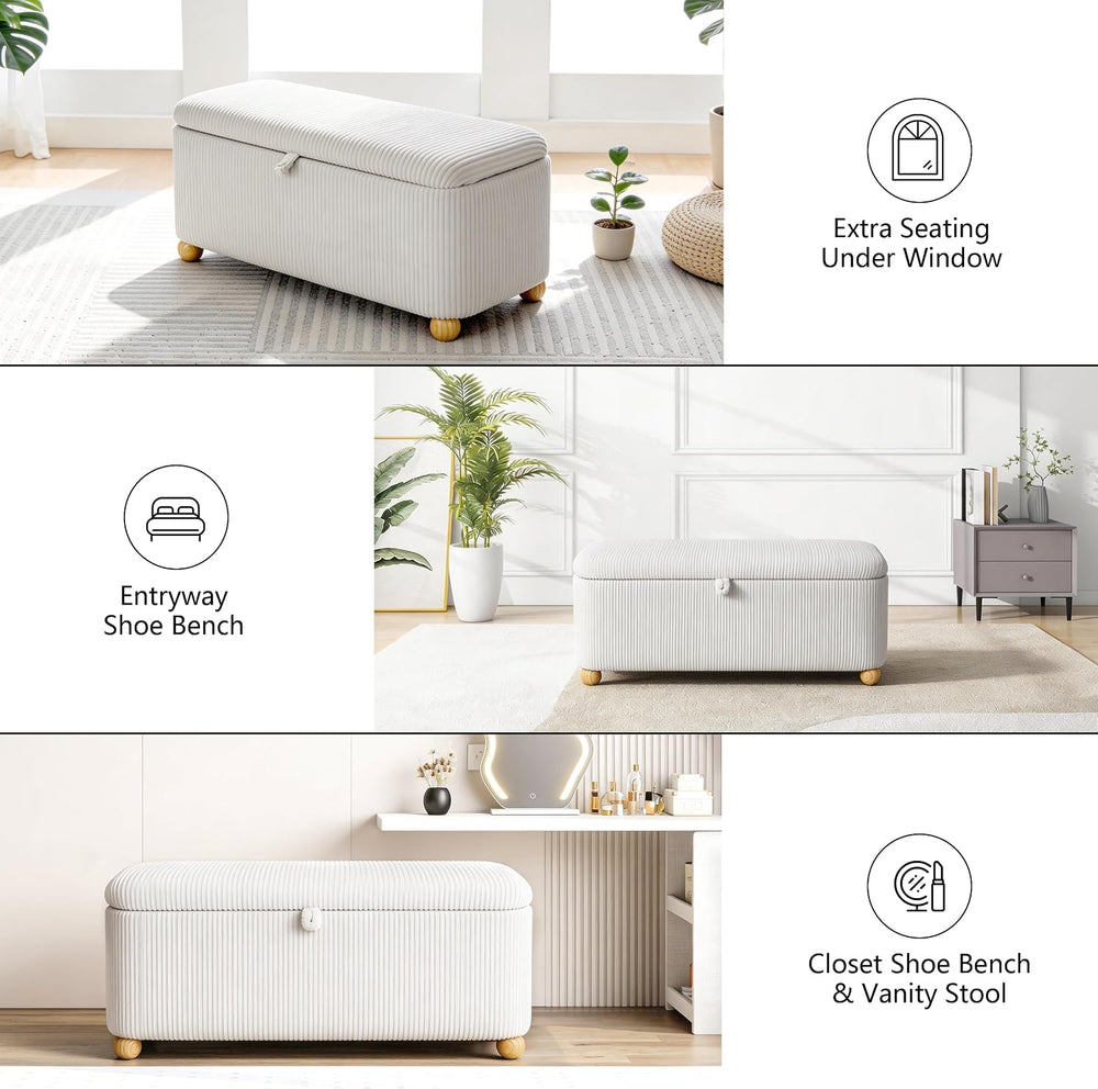 Homebeez 39” Corduroy Storage Ottoman Bench with Hinged Lid & Handle