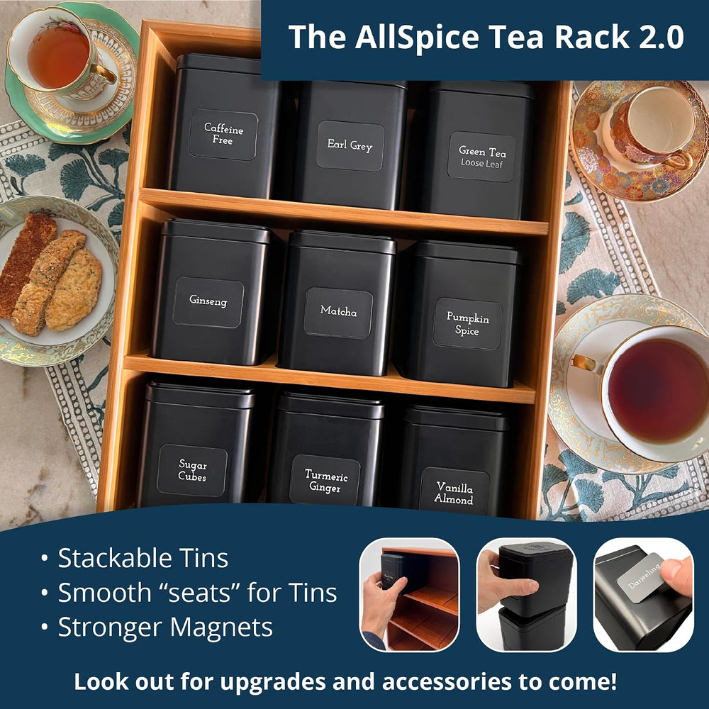 AllSpice Tea Organizer Rack with 9 Tins & 160 Magnetic Labels – Perfect f...