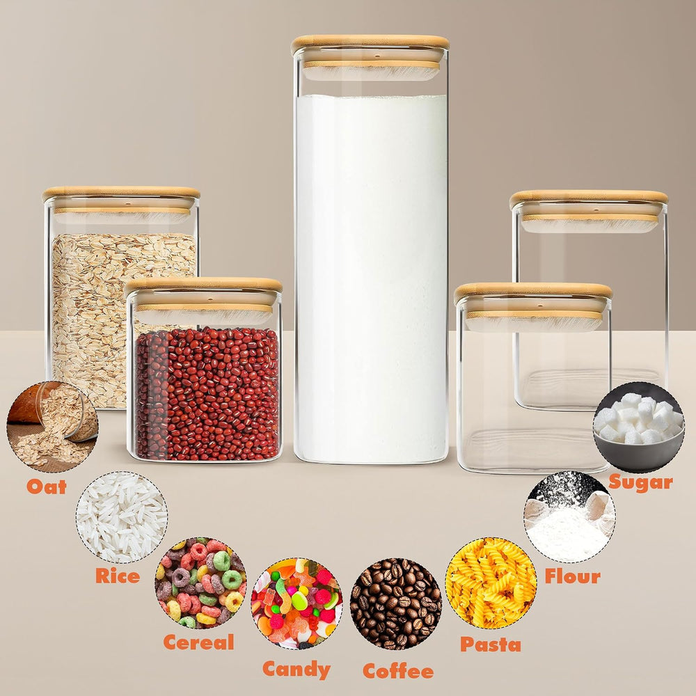 Glass Storage Containers with Airtight Bamboo Lids Muti Size Set of 5,Pantry ...