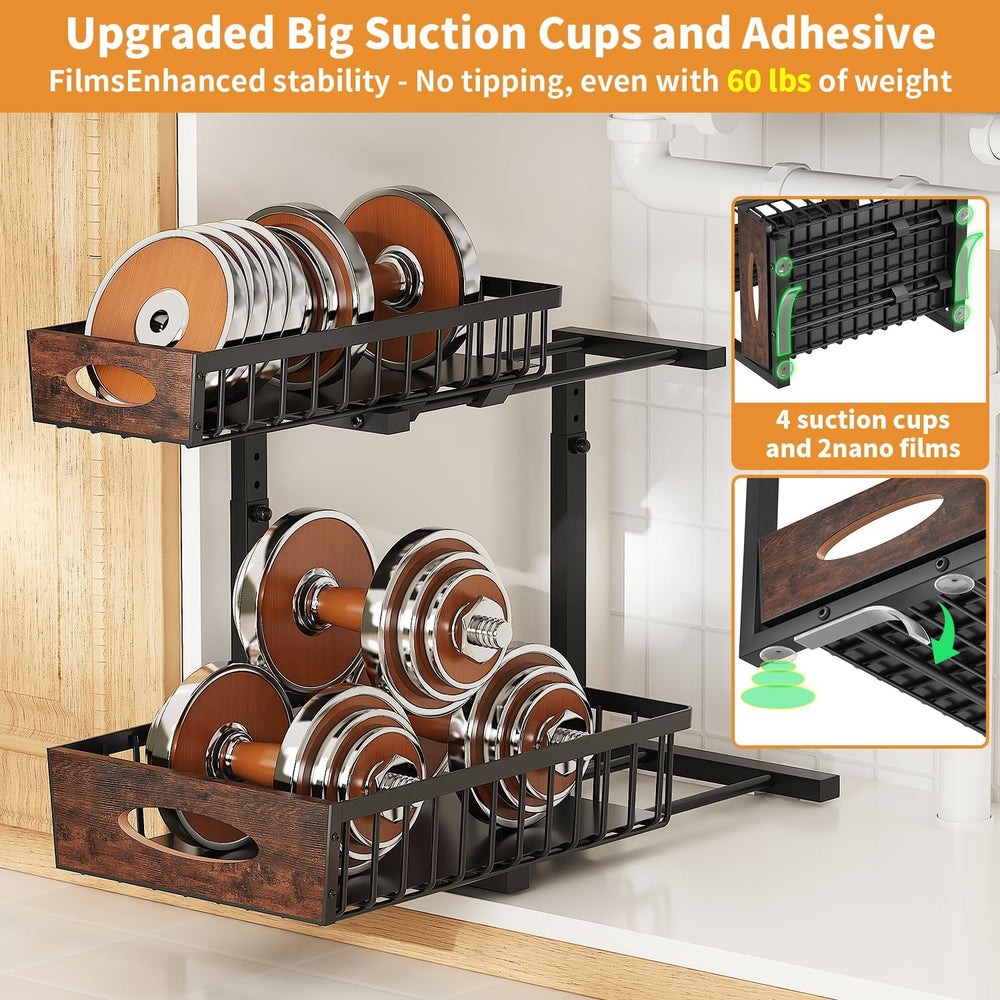 2-Tier Under Sink Organizer with Wooden Drawer Handle, 2 Pack Adjustable Heig...