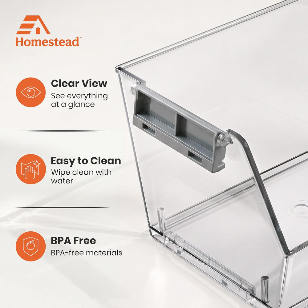 HOMESTEAD Set of 4 Stackable Storage Bins, 2 Large + 2 Small Clear Plastic Or...