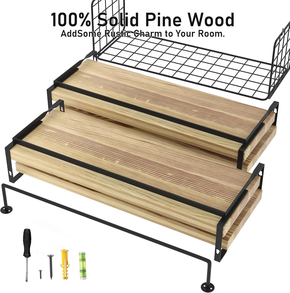 Wood Floating Shelves Wall Mounted - 4+1 Tier Rustic Bathroom Wall Shelves Ov...