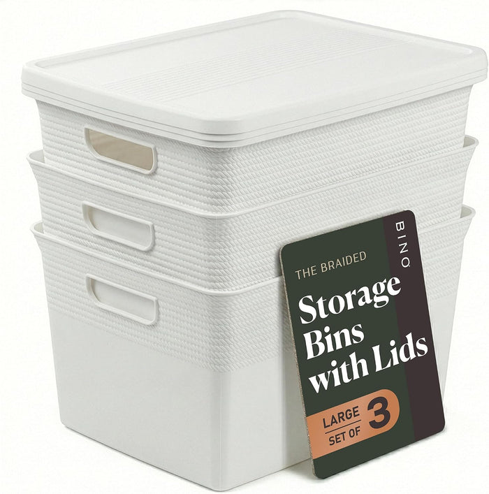 BINO | Plastic Storage Bins with Lids, 22 Liter - 3 Pack, White | THE BRAIDED COLLECTION | Plastic Bins for Organization Woven Storage Baskets for Organizing Pantry Shelf Organizer Basket Bin