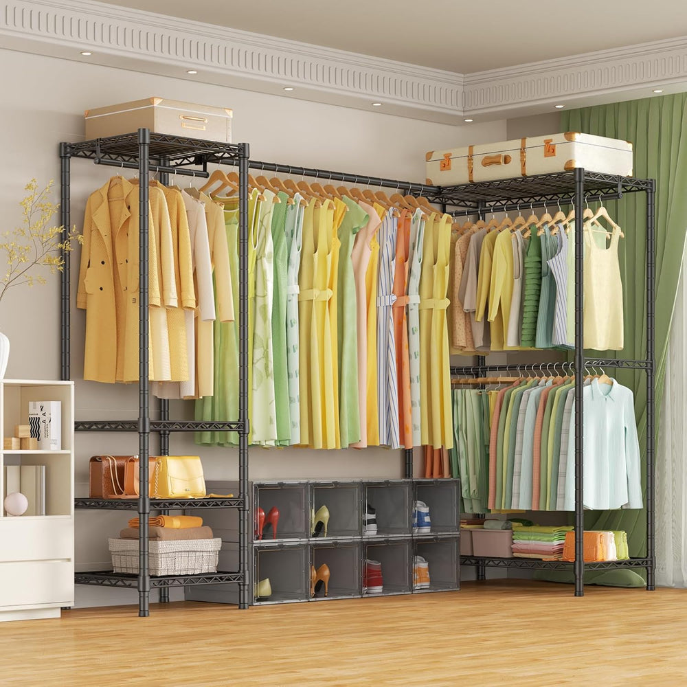 ULIFHOME E10L L-Shaped Clothes Rack for Corner(With Expandable Hanger Rod)Hea...
