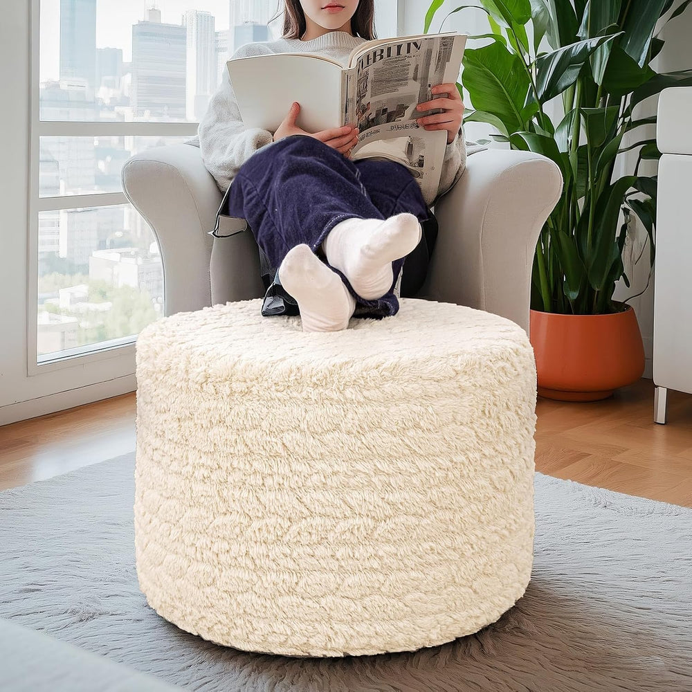 Round Pouf Ottoman Footstool 20x14In Ottoman Footrest for Couch Linen White