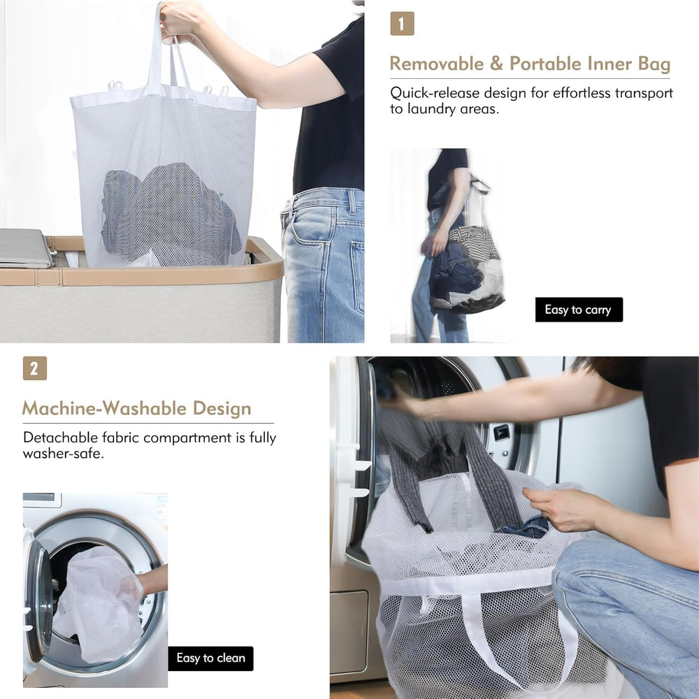 DOKEHOM 160L Double Laundry Basket Hamper with Lid & Removable Bags, Grey