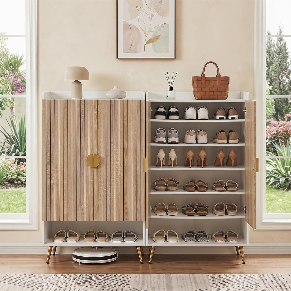 Giantex Shoe Storage Cabinet w/Door, Adjustable Shelves, Metal Leg, Natural