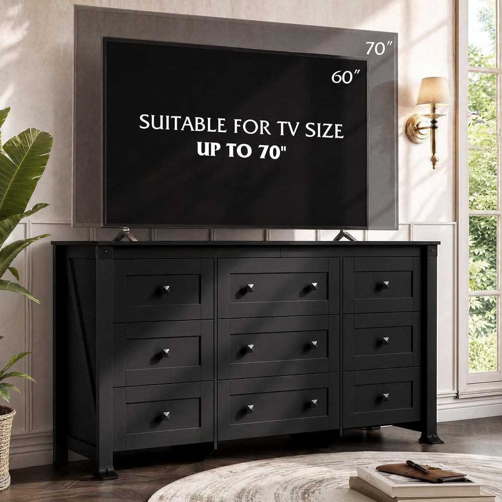 WLIVE 9 Drawer Dresser Black, 62" Wide Wooden Chest with Anti-Tip Structure