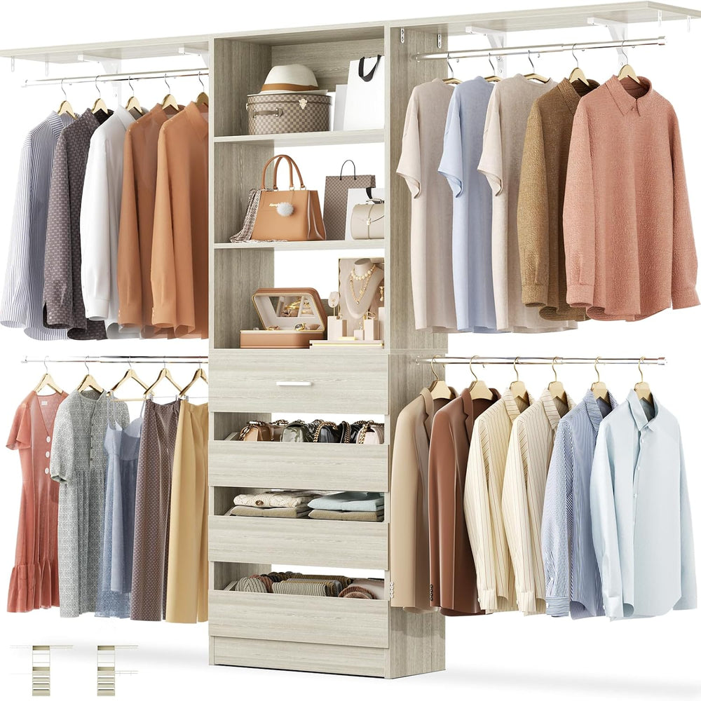 Aheaplus Closet System, 8FT Wood Closet Organizer System with 4 Drawers