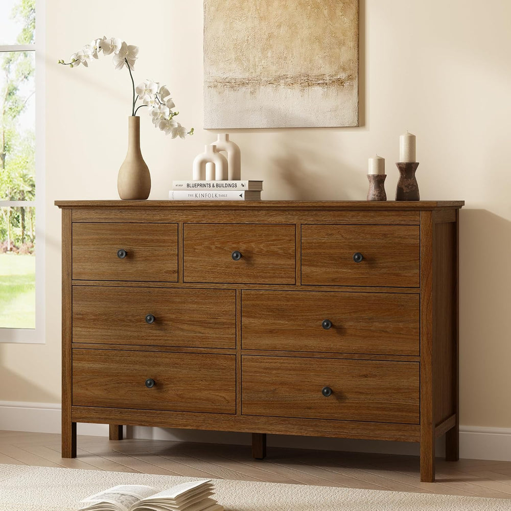 CARPETNAL 47" Walnut Dresser for Bedroom with 7 Drawer & Metal Handles
