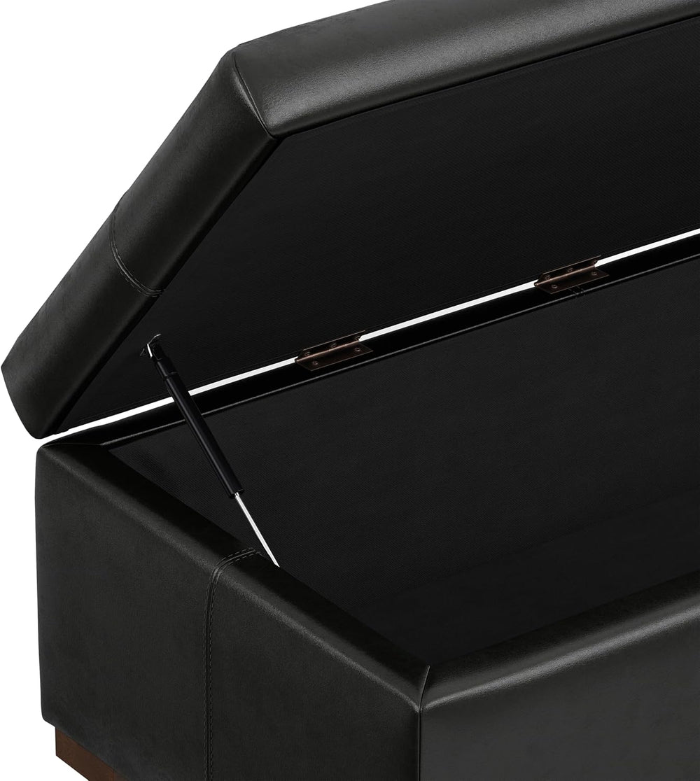 SIMPLIHOME Gabbie 48" Wide Vegan Leather Storage Ottoman in Midnight Black