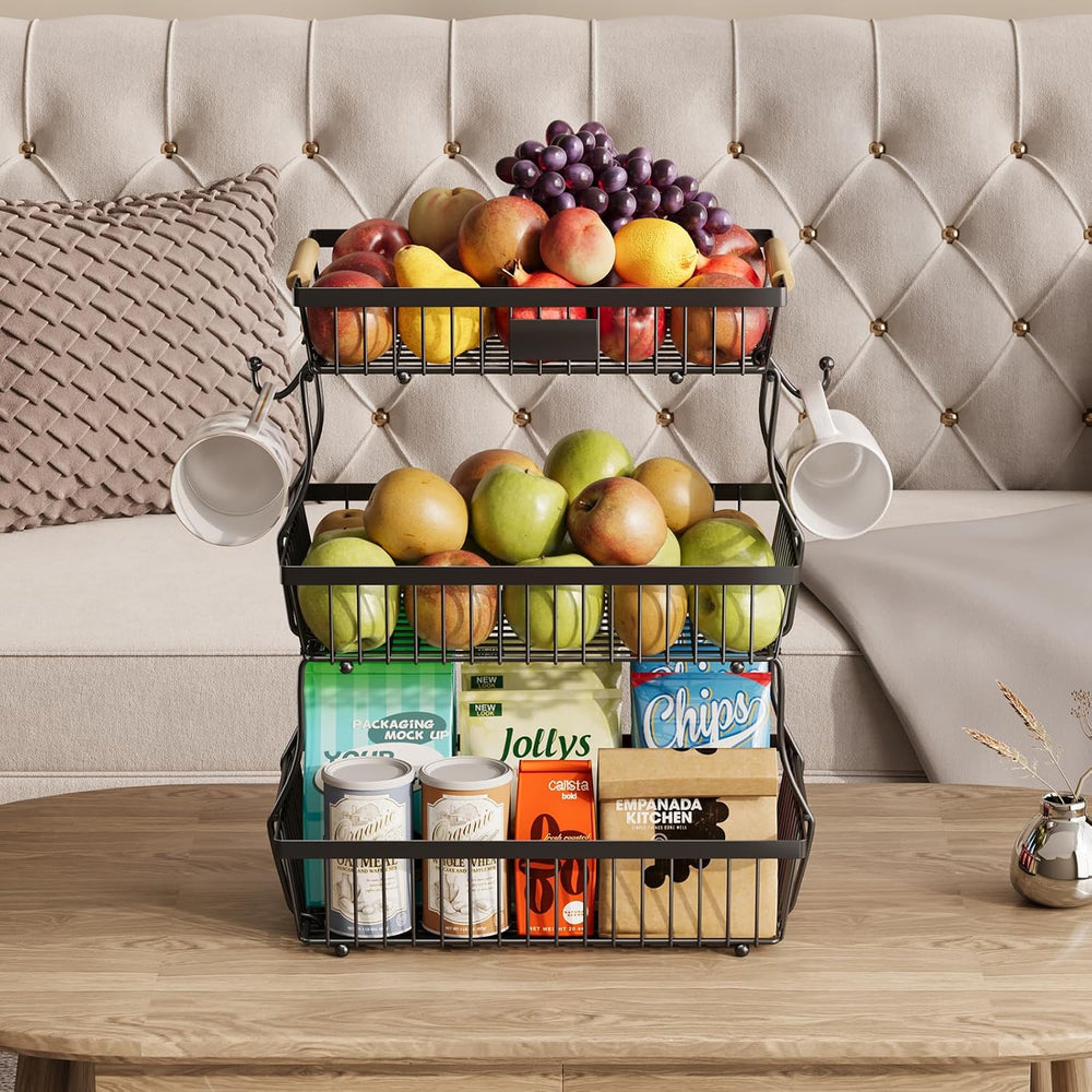 3 Tier Fruit Basket for Kitchen Counter with 2 Banana Hangers, Countertop Met...